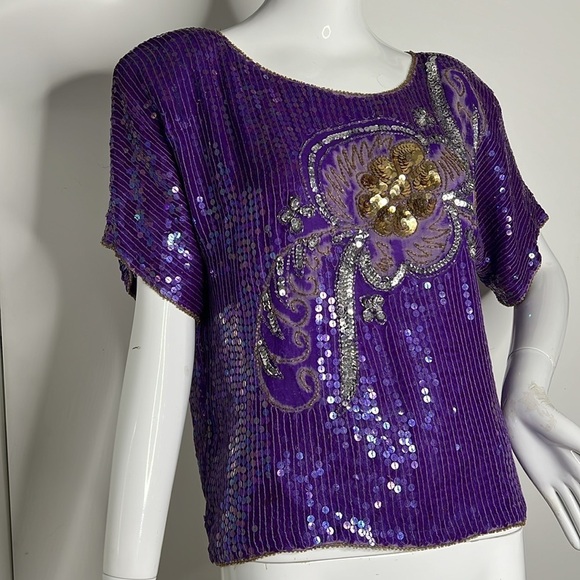 JLB Sz L Purple Silk Beaded Short Sleeve Blouse - Picture 1 of 5